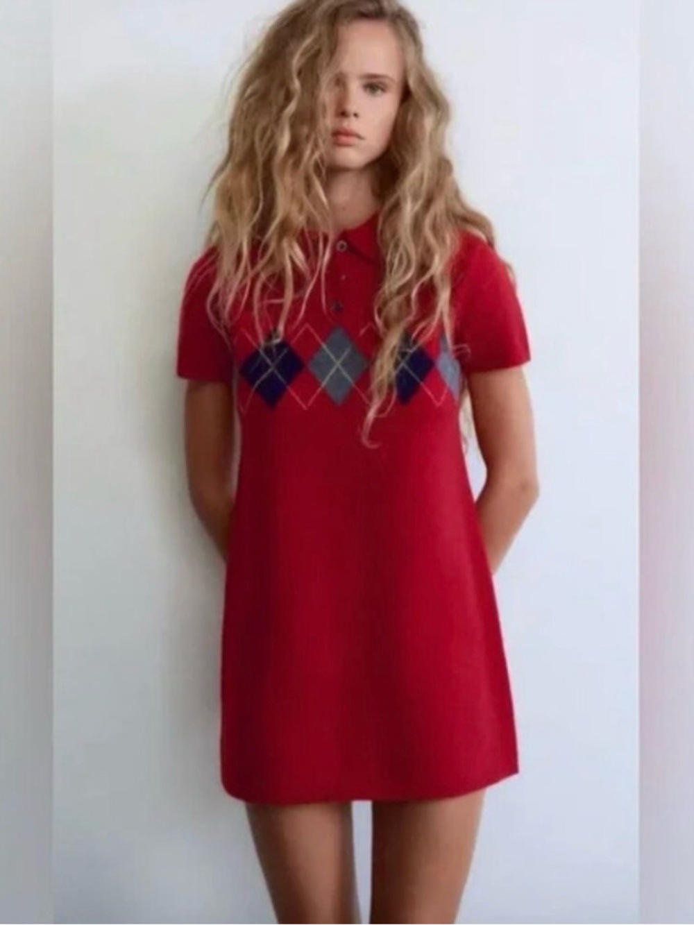 Zara Red Argyle Polo Knit Dress S